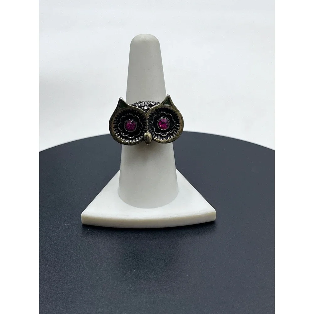 Betsey Johnson Vintage Owl Bronze Pink Rhinestone Vampire Slayer Stretch Ring